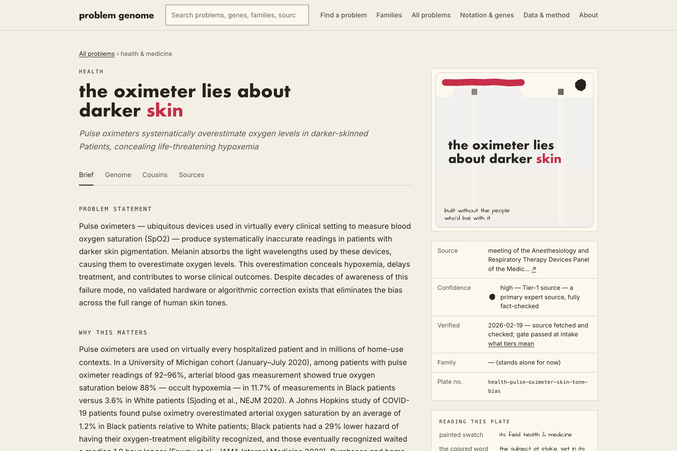 A brief page — the problem vis, verified sources, genome tags, and entry points for student teams