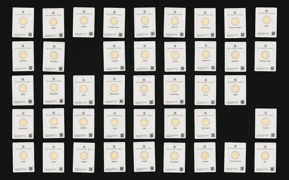 The Shape of Smell set on a black desk pad: forty-two cards turn from scent names to hand-drawn symbols and regroup by shape